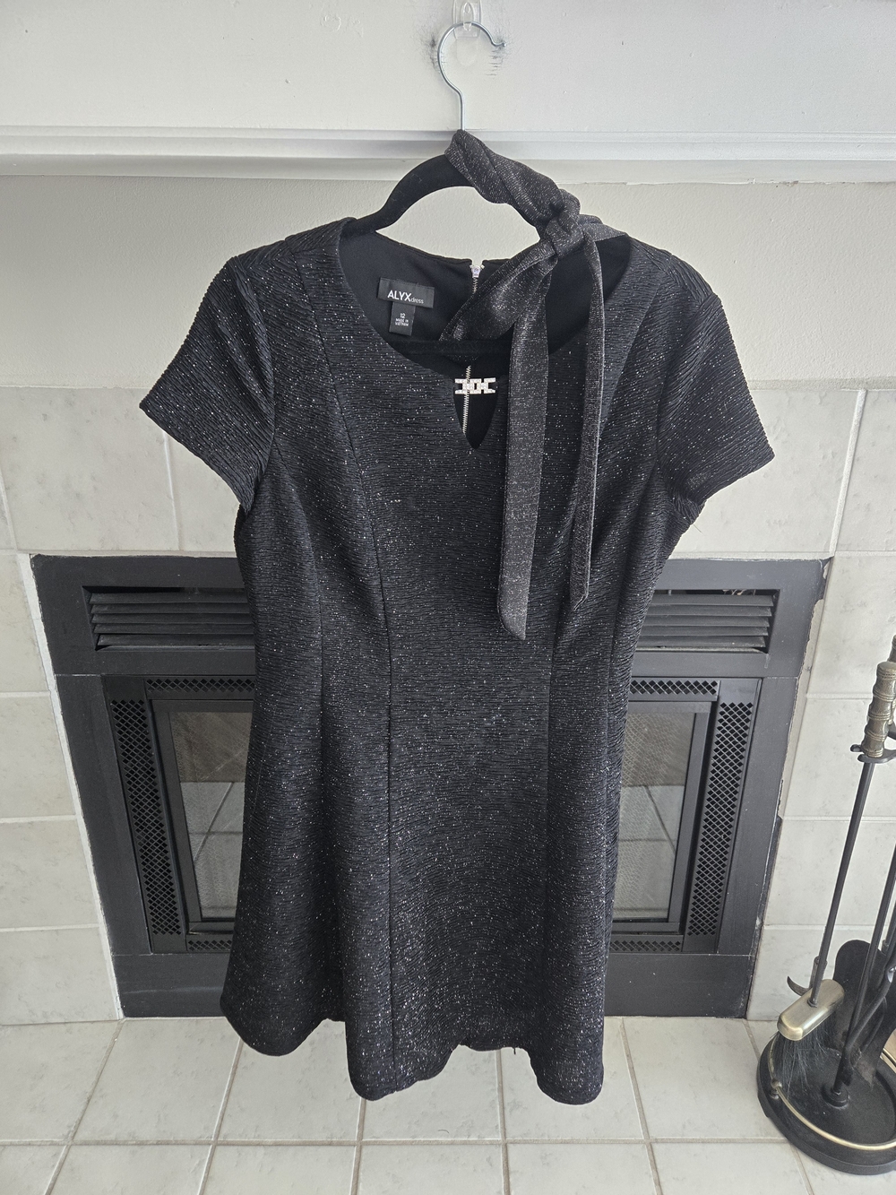 ALYX Black Sparkle Short-Sleeve Fit & Flare Dress with Neck Tie Accent